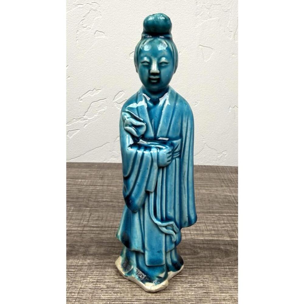 Vintage Chinese Ceramic Figurine Turquoise Glaze Woman Statue Asian Decor